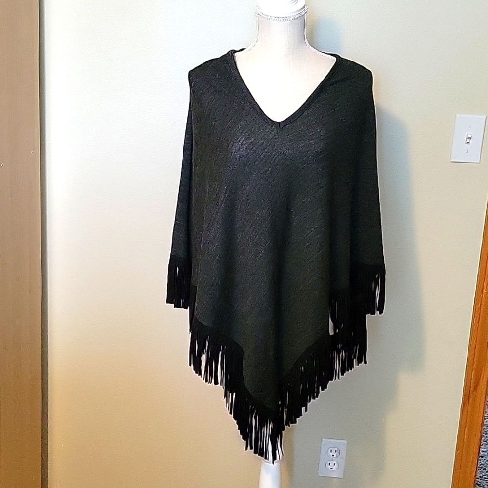 Black charcoal shawl with leather fringe